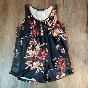 MIROL Floral Scoop Neck Tank with Buttons, Red and Cream Blooms